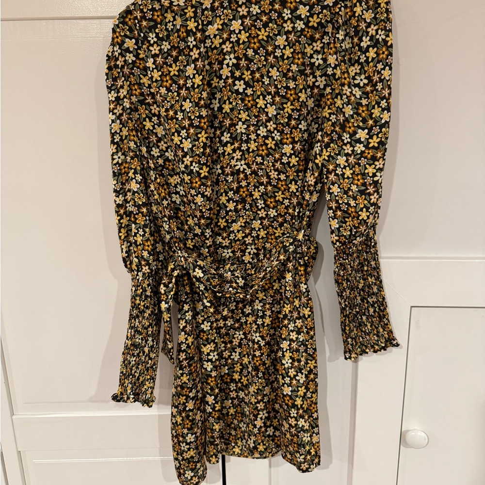 ZARA Floral Print Long Sleeve Mini Dress with Waist Tie – Size M